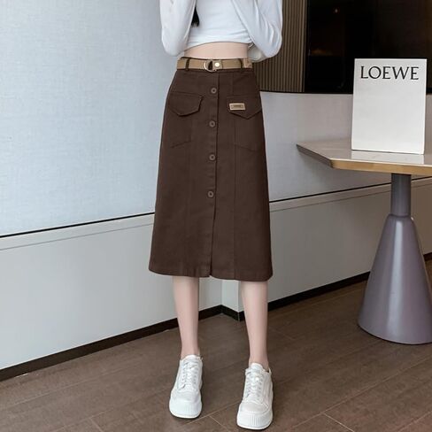 Women's Cargo Midi Front Slit Button Skirts, High Waist Elastic Maxi Pockets Skirt with Belt in Saudi Arabia