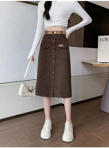 Women's Cargo Midi Front Slit Button Skirts, High Waist Elastic Maxi Pockets Skirt with Belt in Saudi Arabia