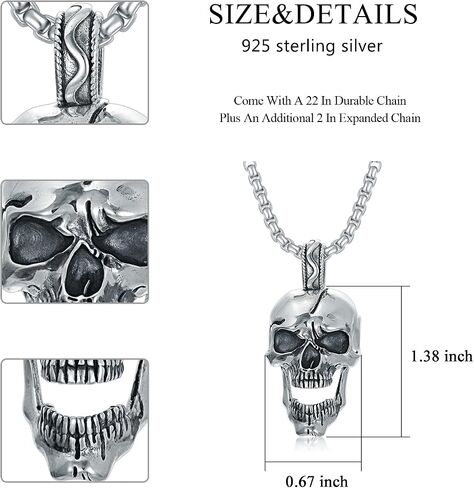 Skull Head Necklace 925 Sterling Silver/18K Gold Plated/Black Gothic Skull Jewelry for Men, with Stainless Steel Chain 22+2 Inch in Saudi Arabia