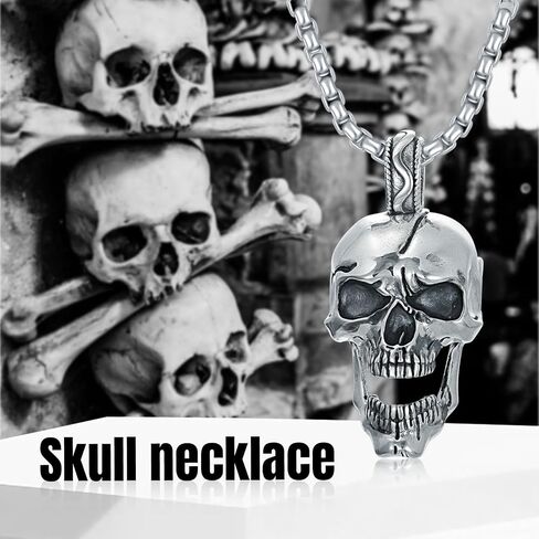 Skull Head Necklace 925 Sterling Silver/18K Gold Plated/Black Gothic Skull Jewelry for Men, with Stainless Steel Chain 22+2 Inch in Saudi Arabia