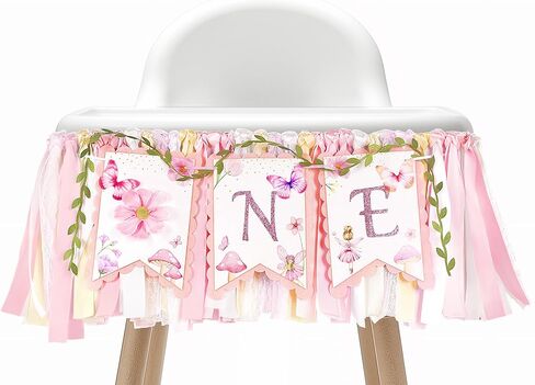1st Birthday Highchair Banner Girl Floral and Butterfly Banner FairyFirst Birthday Party Decoration One Birthday Banner for Girls Sweet One Banner Photo Props Decor (Pink) in Saudi Arabia