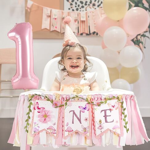 1st Birthday Highchair Banner Girl Floral and Butterfly Banner FairyFirst Birthday Party Decoration One Birthday Banner for Girls Sweet One Banner Photo Props Decor (Pink) in Saudi Arabia