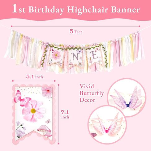 1st Birthday Highchair Banner Girl Floral and Butterfly Banner FairyFirst Birthday Party Decoration One Birthday Banner for Girls Sweet One Banner Photo Props Decor (Pink) in Saudi Arabia