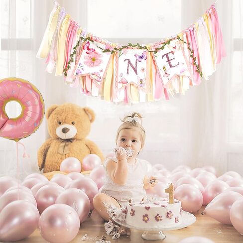 1st Birthday Highchair Banner Girl Floral and Butterfly Banner FairyFirst Birthday Party Decoration One Birthday Banner for Girls Sweet One Banner Photo Props Decor (Pink) in Saudi Arabia