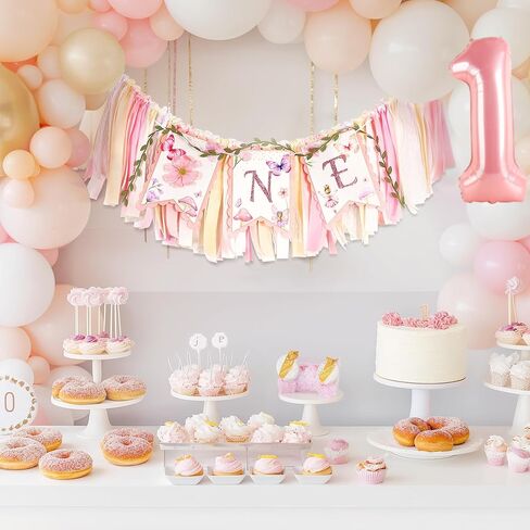 1st Birthday Highchair Banner Girl Floral and Butterfly Banner FairyFirst Birthday Party Decoration One Birthday Banner for Girls Sweet One Banner Photo Props Decor (Pink) in Saudi Arabia