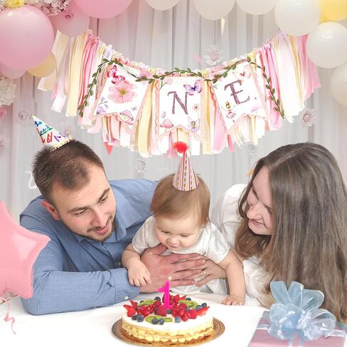 1st Birthday Highchair Banner Girl Floral and Butterfly Banner FairyFirst Birthday Party Decoration One Birthday Banner for Girls Sweet One Banner Photo Props Decor (Pink) in Saudi Arabia