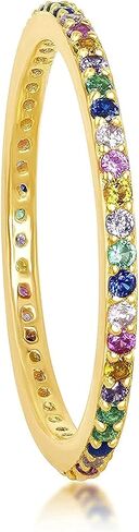 Beaux Bijoux Rainbow Simulated Diamond Eternity Ring for Women | Sterling Silver 14k Gold Plated Band Ring | CZ Cubic Zirconia Created Gemstone Ring | Fine Thin Stacking Ring in Saudi Arabia