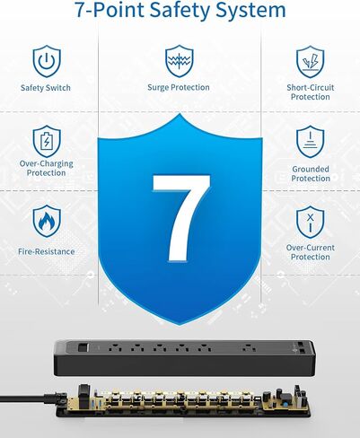قطاع الطاقة الواقي من زيادة التيار، سلك تمديد NTONPOWER بطول 25 قدمًا مع 6 منافذ (مساحة واحدة واسعة) 2 USB، مفتاح حماية الزائد، 1080J، 15A/1850W، حامل على الحائط للمكتب المنزلي ومنضدة العمل، أسود in Kuwait