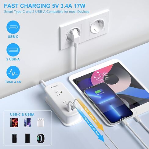 Power Strip with USB Ports, Unidapt Extension Cord Multiple Outlets, 4 ft Wrapped Around 2 Wall Outlets 3 1 C, No Surge Protector, Home Office Travel Cruise Must Have in Saudi Arabia