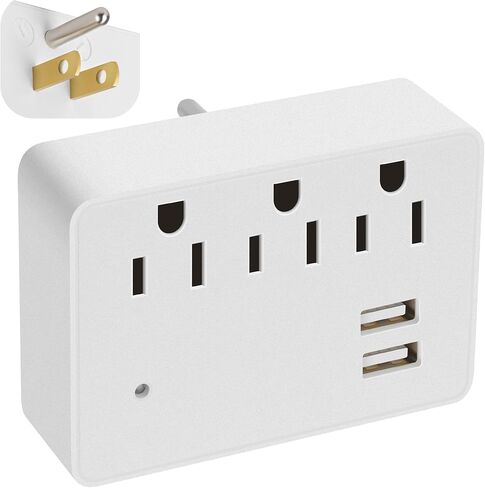 3 منافذ شريط طاقة 3 منافذ مع 2 منافذ USB، موسع متباعد لمنفذ حماية التيار الزائد، محول حائط مؤرض متعدد منافذ التوصيل، قابس مستقطب، صنبور مخرج، مدرج ETL، 125 فولت، 15 أمبير، بحد أقصى 1875 وات، أبيض in Kuwait