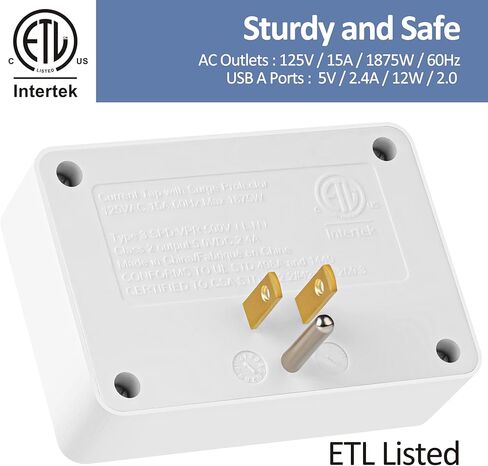 3 منافذ شريط طاقة 3 منافذ مع 2 منافذ USB، موسع متباعد لمنفذ حماية التيار الزائد، محول حائط مؤرض متعدد منافذ التوصيل، قابس مستقطب، صنبور مخرج، مدرج ETL، 125 فولت، 15 أمبير، بحد أقصى 1875 وات، أبيض in Kuwait