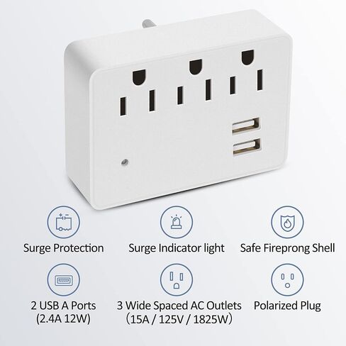 3 منافذ شريط طاقة 3 منافذ مع 2 منافذ USB، موسع متباعد لمنفذ حماية التيار الزائد، محول حائط مؤرض متعدد منافذ التوصيل، قابس مستقطب، صنبور مخرج، مدرج ETL، 125 فولت، 15 أمبير، بحد أقصى 1875 وات، أبيض in Kuwait
