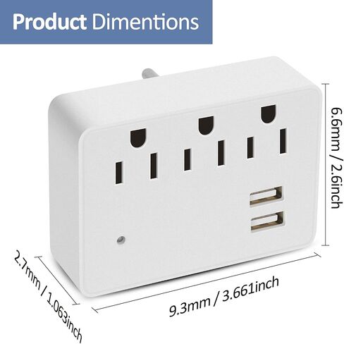 3 منافذ شريط طاقة 3 منافذ مع 2 منافذ USB، موسع متباعد لمنفذ حماية التيار الزائد، محول حائط مؤرض متعدد منافذ التوصيل، قابس مستقطب، صنبور مخرج، مدرج ETL، 125 فولت، 15 أمبير، بحد أقصى 1875 وات، أبيض in Kuwait