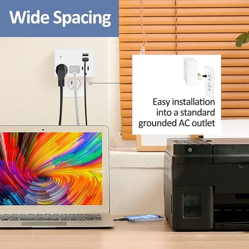 3 منافذ شريط طاقة 3 منافذ مع 2 منافذ USB، موسع متباعد لمنفذ حماية التيار الزائد، محول حائط مؤرض متعدد منافذ التوصيل، قابس مستقطب، صنبور مخرج، مدرج ETL، 125 فولت، 15 أمبير، بحد أقصى 1875 وات، أبيض in Kuwait