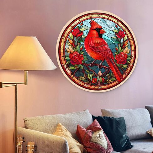 Stained Glass Puzzle Bird Puzzles for Adults 1000 Pieces, Round Cardinal Bird Flower Puzzle, Impossible Hard Challenging Puzzles for Adults, Colorful Stained Glass Jigsaw Puzzle as Wall Art Decor in Saudi Arabia