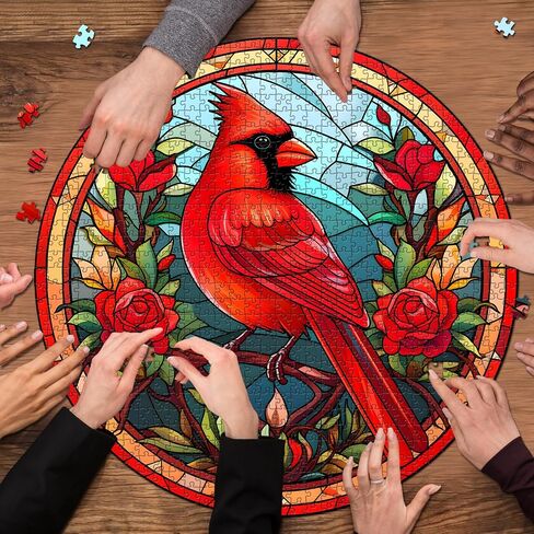 Stained Glass Puzzle Bird Puzzles for Adults 1000 Pieces, Round Cardinal Bird Flower Puzzle, Impossible Hard Challenging Puzzles for Adults, Colorful Stained Glass Jigsaw Puzzle as Wall Art Decor in Saudi Arabia