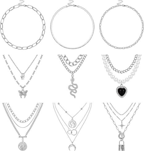 Sanfenly 9 قطع ذهبية الطبقات سلسلة قلادة مجموعة متعددة الطبقات قفل عملة فراشة ثعبان القمر القلب قلادة قلادة مكتنزة ربط قلادة قلادة للنساء في سن المراهقة الفتيات المجوهرات in Kuwait