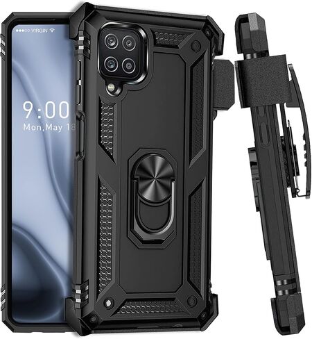 for Galaxy A12 Case, Samsung A12 Case with Belt Clip Holster Ring Holder, Military Grade Protection Cover[Fit for Magnetic Car Mount] Shockproof Case for A12 (Black) in Saudi Arabia