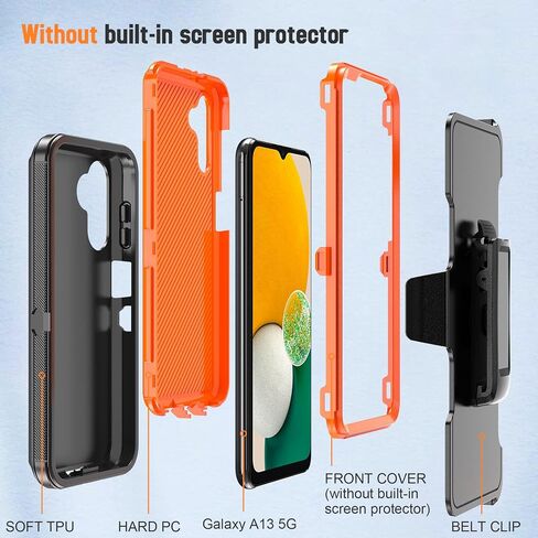Designed for Samsung Galaxy A13 5G Case with Belt Clip & Kickstand, Full-Body Triple Layers Rugged Case with Screen Protector for Samsung Galaxy A13 5G 6.5 inch Phone (Black+Orange) in Saudi Arabia