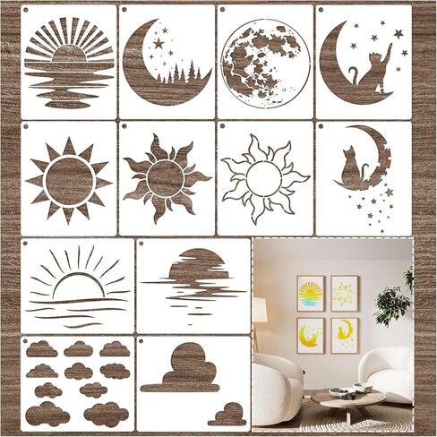 Sun Moon Stencils for Painting on Wood Wall Crafts Reusable Clound Moon Sunrise Cat Stencil Art Paint on Wall Canvas Pattern Paint Stencils for Card Making Fabric Shirt Furniture (12 Sun-2) in Saudi Arabia