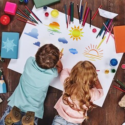 Sun Moon Stencils for Painting on Wood Wall Crafts Reusable Clound Moon Sunrise Cat Stencil Art Paint on Wall Canvas Pattern Paint Stencils for Card Making Fabric Shirt Furniture (12 Sun-2) in Saudi Arabia