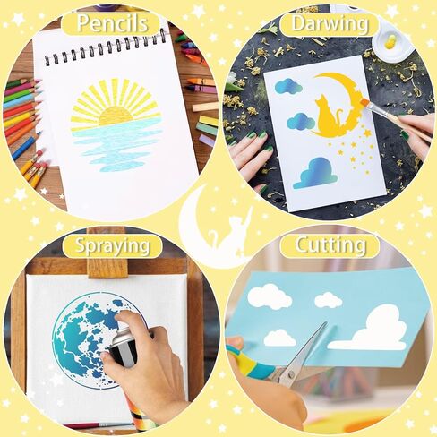 Sun Moon Stencils for Painting on Wood Wall Crafts Reusable Clound Moon Sunrise Cat Stencil Art Paint on Wall Canvas Pattern Paint Stencils for Card Making Fabric Shirt Furniture (12 Sun-2) in Saudi Arabia