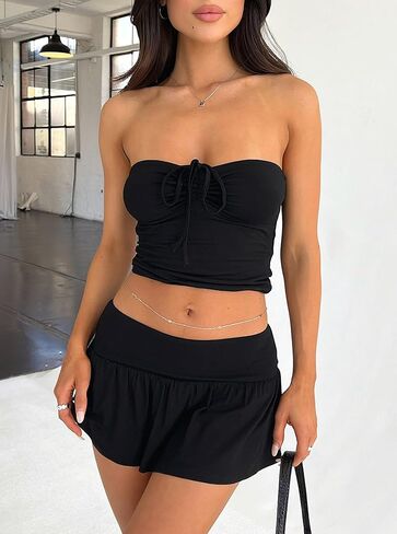 Women Casual Two Piece Summer Set Drawstring Ruched Front Strapless Tube Top and Mini Skirt Going out Outfits in Kuwait