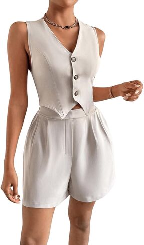 GORGLITTER Women's Summer 2 Piece Outfits V Neck Button Up Vest Blazer and Shorts Matching Set in Saudi Arabia