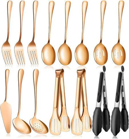 Serving Utensils Set for Partie, Silver Stainless Steel Metal Serveware Large Serving Spoons, Slotted Spoons, Forks, Tongs, Soup and Skimmer Spoon, Cake Server for Buffet, Catering, Entertaining 15pcs in Saudi Arabia
