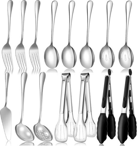 Serving Utensils Set for Partie, Silver Stainless Steel Metal Serveware Large Serving Spoons, Slotted Spoons, Forks, Tongs, Soup and Skimmer Spoon, Cake Server for Buffet, Catering, Entertaining 15pcs in Saudi Arabia