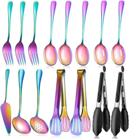 Serving Utensils Set for Partie, Silver Stainless Steel Metal Serveware Large Serving Spoons, Slotted Spoons, Forks, Tongs, Soup and Skimmer Spoon, Cake Server for Buffet, Catering, Entertaining 15pcs in Saudi Arabia