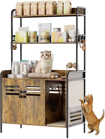 حاوية صندوق فضلات القطط مع رفين وأبواب، صندوق فضلات خشبي كبير مخفي للقطط، أثاث خشبي لبيت القطط مع وسادة خدش أثاث القطط، خزانة خشبية للقطط تناسب معظم صناديق الفضلات in Kuwait