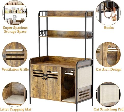 حاوية صندوق فضلات القطط مع رفين وأبواب، صندوق فضلات خشبي كبير مخفي للقطط، أثاث خشبي لبيت القطط مع وسادة خدش أثاث القطط، خزانة خشبية للقطط تناسب معظم صناديق الفضلات in Kuwait