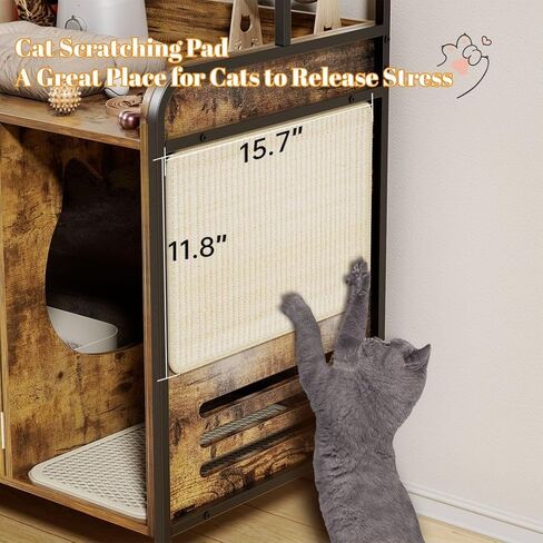 حاوية صندوق فضلات القطط مع رفين وأبواب، صندوق فضلات خشبي كبير مخفي للقطط، أثاث خشبي لبيت القطط مع وسادة خدش أثاث القطط، خزانة خشبية للقطط تناسب معظم صناديق الفضلات in Kuwait