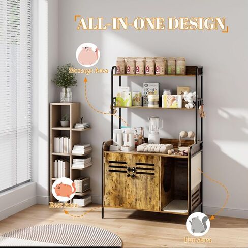 حاوية صندوق فضلات القطط مع رفين وأبواب، صندوق فضلات خشبي كبير مخفي للقطط، أثاث خشبي لبيت القطط مع وسادة خدش أثاث القطط، خزانة خشبية للقطط تناسب معظم صناديق الفضلات in Kuwait