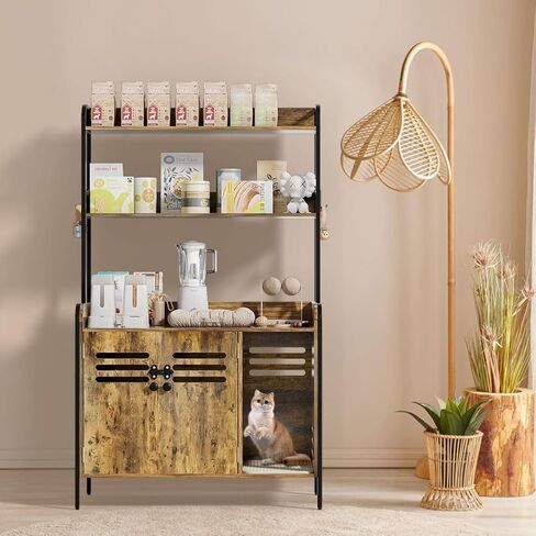 حاوية صندوق فضلات القطط مع رفين وأبواب، صندوق فضلات خشبي كبير مخفي للقطط، أثاث خشبي لبيت القطط مع وسادة خدش أثاث القطط، خزانة خشبية للقطط تناسب معظم صناديق الفضلات in Kuwait