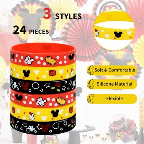 24Pcs Rubber Bracelet Mouse Party Favors Red Black and Yellow Color Style Wristbands Birthday Party Supplies for Birthday Gifts in Saudi Arabia
