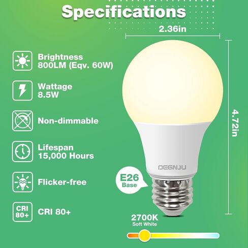 لمبات إضاءة LED مكافئة 60 وات، لمبة إضاءة A19 بيضاء ناعمة 2700K 800LM 8.5 وات، مصابيح إضاءة قياسية غير قابلة للتعتيم E26 قاعدة متوسطة، 6 عبوات in Kuwait