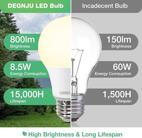 لمبات إضاءة LED مكافئة 60 وات، لمبة إضاءة A19 بيضاء ناعمة 2700K 800LM 8.5 وات، مصابيح إضاءة قياسية غير قابلة للتعتيم E26 قاعدة متوسطة، 6 عبوات in Kuwait