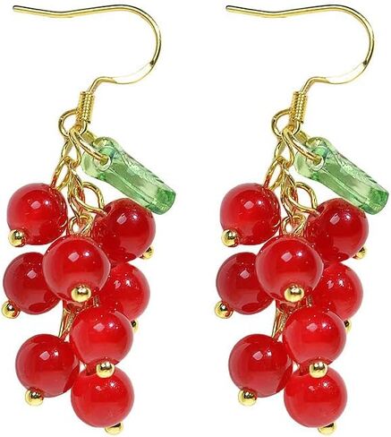 Crystal Fruits Cherry Cute Earrings for Women Sparkly Funny Red Grape Drop Dangle Earrings 18K Gold Plated Statement Charm Green Leaf Grape Tassel Kawaii Aesthetic jewelry Girls Gift in Saudi Arabia