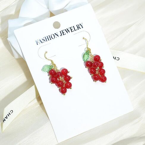 Crystal Fruits Cherry Cute Earrings for Women Sparkly Funny Red Grape Drop Dangle Earrings 18K Gold Plated Statement Charm Green Leaf Grape Tassel Kawaii Aesthetic jewelry Girls Gift in Saudi Arabia