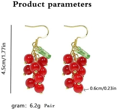 Crystal Fruits Cherry Cute Earrings for Women Sparkly Funny Red Grape Drop Dangle Earrings 18K Gold Plated Statement Charm Green Leaf Grape Tassel Kawaii Aesthetic jewelry Girls Gift in Saudi Arabia