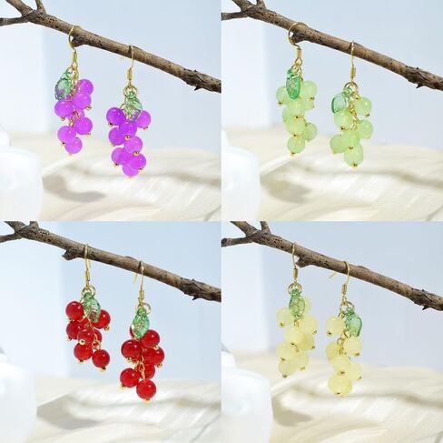 Crystal Fruits Cherry Cute Earrings for Women Sparkly Funny Red Grape Drop Dangle Earrings 18K Gold Plated Statement Charm Green Leaf Grape Tassel Kawaii Aesthetic jewelry Girls Gift in Saudi Arabia