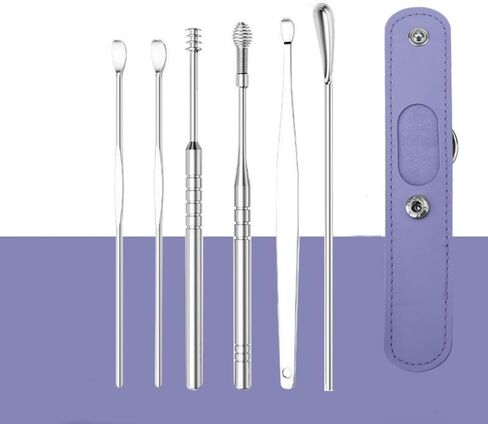 مجموعة إزالة شمع الأذن مكونة من 6 قطع، مجموعة أدوات تنظيف الأذن، أداة إزالة شمع الأذن مع حقيبة جلدية أرجواني فاتح D in Kuwait