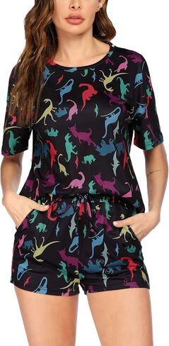 HOTOUCH Pajama Shorts for Women Cute Pjs Cozy Pijamas Sleep Wear Short Sleeve Ladies Soft Pajama Sleep Sets Dinosaur S in Saudi Arabia