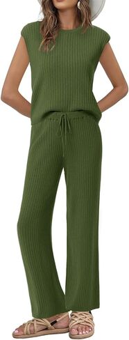 Imily Bela Womens 2 Piece Outfits Sweater Lounge Set Knit Sleeveless Pullover Top Wide Leg Pants Matching Sets in Kuwait
