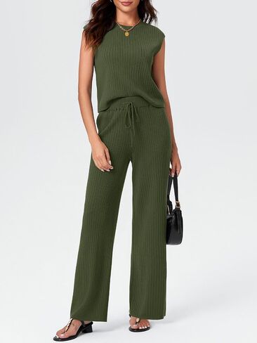 Imily Bela Womens 2 Piece Outfits Sweater Lounge Set Knit Sleeveless Pullover Top Wide Leg Pants Matching Sets in Kuwait
