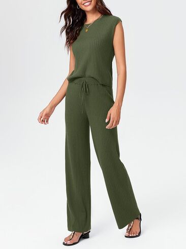 Imily Bela Womens 2 Piece Outfits Sweater Lounge Set Knit Sleeveless Pullover Top Wide Leg Pants Matching Sets in Kuwait