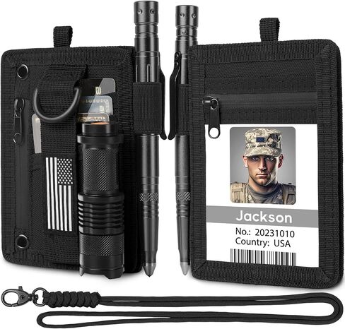 LIUGX Tactical ID Card Holder, 900D Nylon, Hook & Loop Patch Badge Holder, Waterproof Zipper Pocket, Neck Lanyard Key Ring and Credit Card Organizer, RFID Blocking in Saudi Arabia