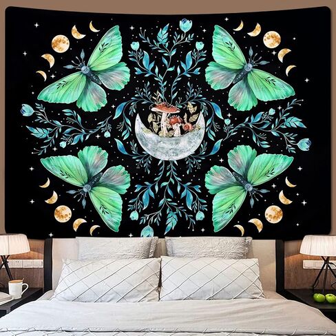 Lyacmy Moth Tapestry Moon Tapestries Mushroom Tapestry Aesthetic Butterfly Tapestry Green Floral Plant Tapestry Wall Hanging for Bedroom(51.2 x 59.1 inches) in Kuwait